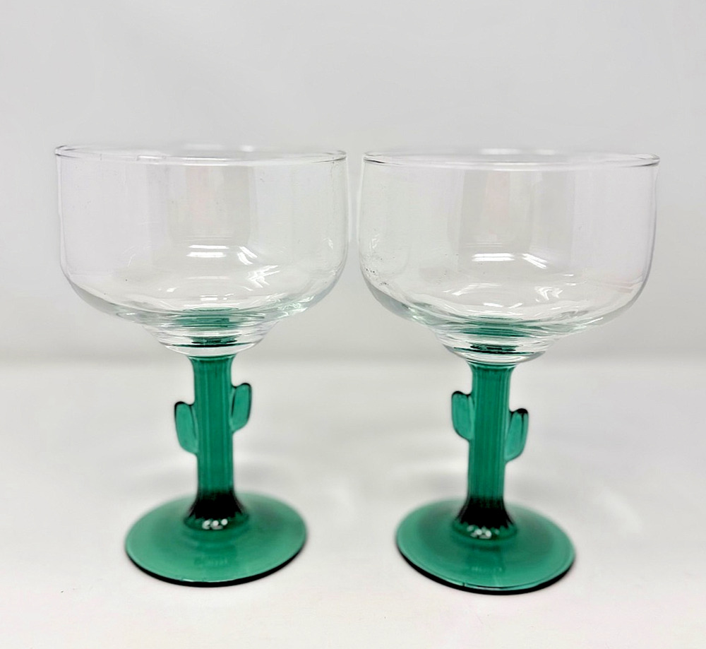 Libbey Cactus Stem Margarita Glasses Pair Clear Bowl Green Stem 6.25"